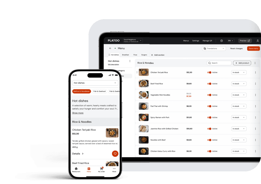 Platoo admin panel for managing QR menus and an example of a restaurant menu opened by a guest on a smartphone