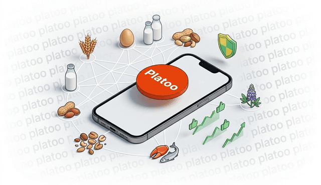 Platoo system infographic: a digital menu on a smartphone featuring icons for 14 major allergens (milk, nuts, grains) and safety features for restaurants.