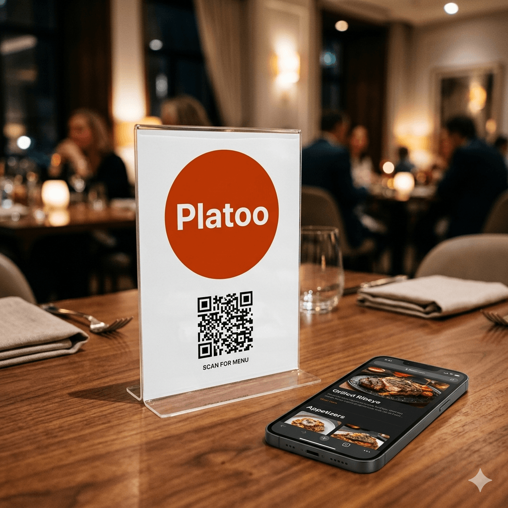 A transparent acrylic table tent with a Platoo QR code on a modern restaurant table.