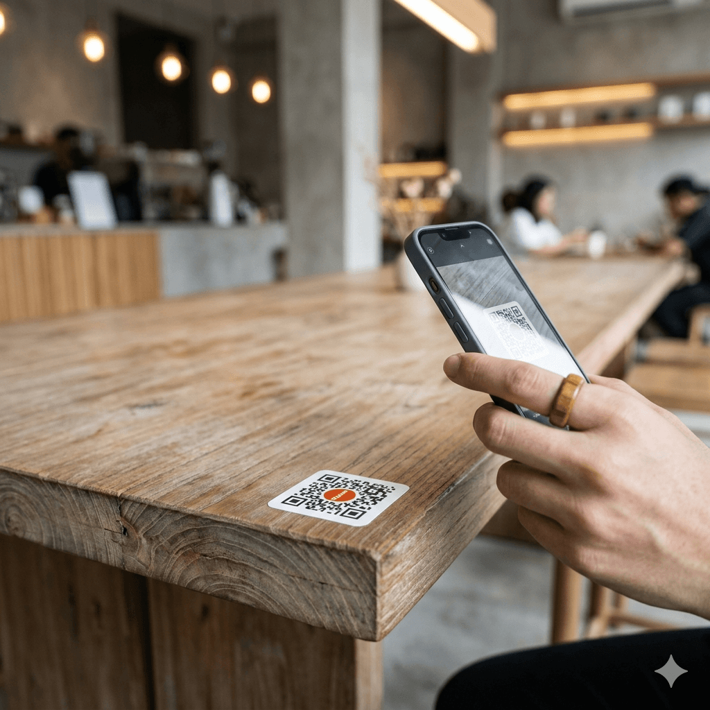 A matte vinyl sticker with a Platoo QR code placed on the edge of a wooden bar counter.