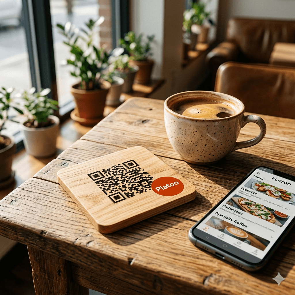A branded wooden stand with a laser-engraved Platoo digital menu QR code.