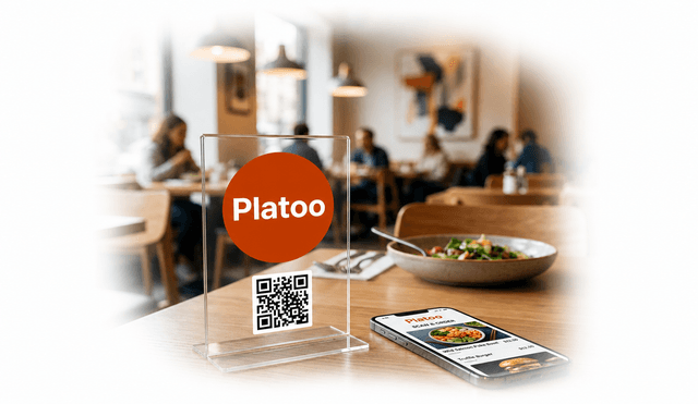 Platoo digital ecosystem image: an example of professional QR code placement on an acrylic table tent in a modern restaurant interior and a smartphone with an interactive menu for instant order access.