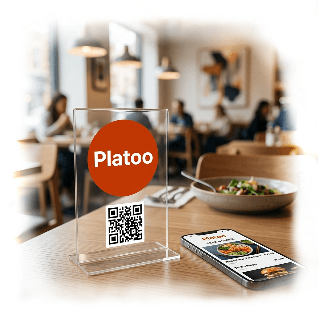 Platoo digital ecosystem image: an example of professional QR code placement on an acrylic table tent in a modern restaurant interior and a smartphone with an interactive menu for instant order access.