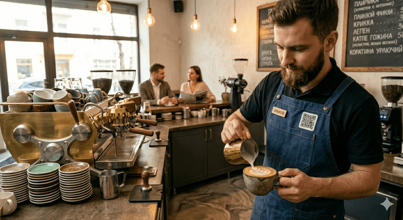 Waiter in an apron with a Platoo QR code for quick guest access to the menu.