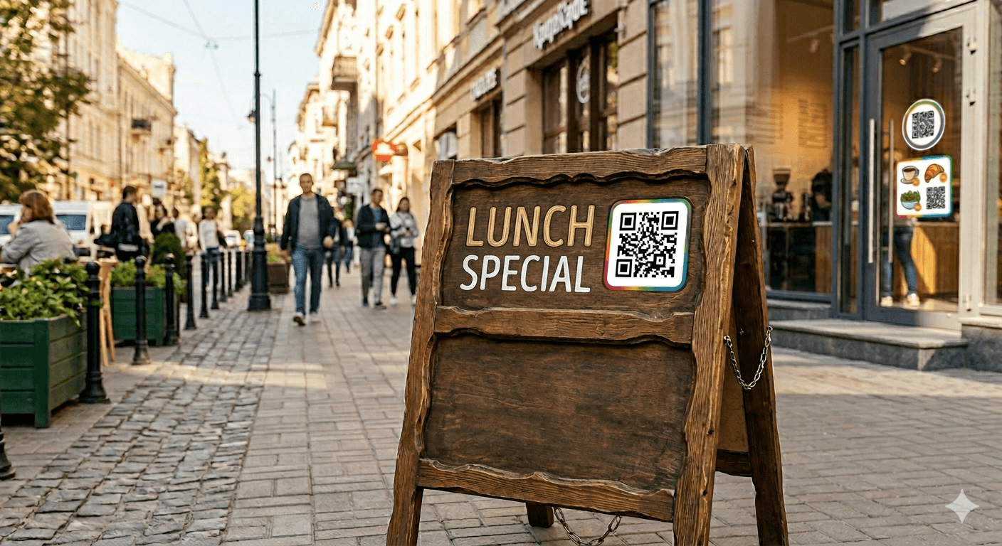 Outdoor sandwich board near a cafe with a QR code for viewing the daily menu.