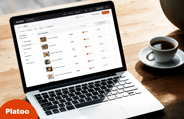 Platoo QR menu management interface on a laptop: demonstrating zero printing costs, social media integration, and real-time statistics collection