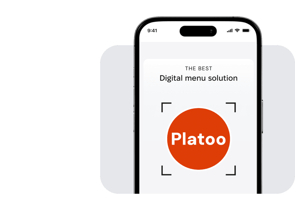 Platoo digital QR menu ecosystem for restaurants and chains: website interface showing a smartphone with a digital menu solution and 2-second access to ingredients and availability