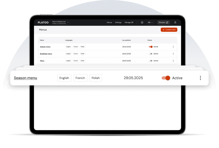 Platoo admin panel showing multiple menus for different seasons and events