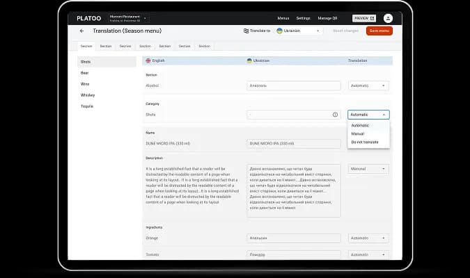 Automatic menu translation