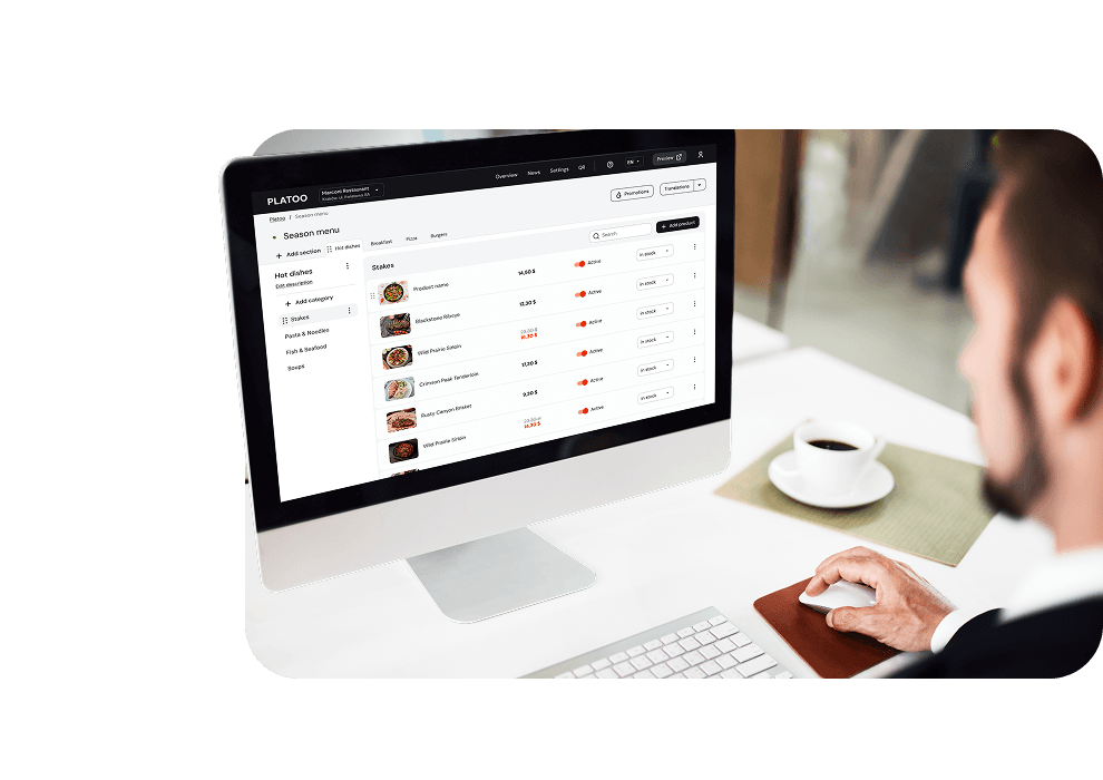 Platoo interface — a platform for creating restaurant QR menus with dish management, pricing, and item availability controls